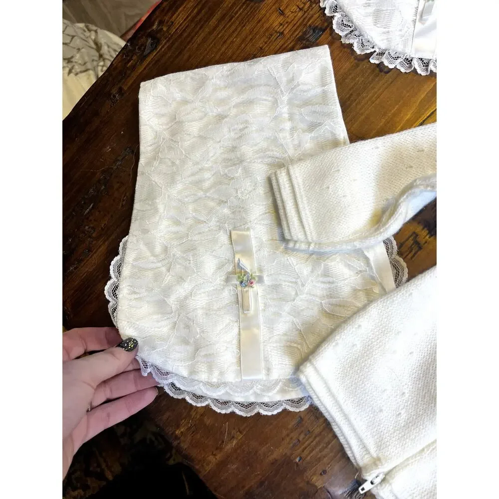 Soft White Knit Baby Clothing and Accessory Bundle w/ Baptism Bib - 0-3 months